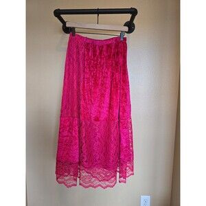 Crushed fuschia velvet and lace long vintage skirt size medium